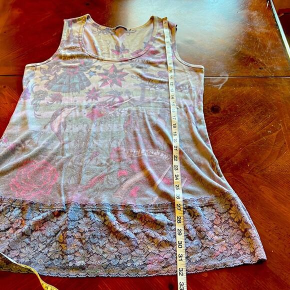 Multicolor Tattoo Print Ribbed Knit Tunic Top with Lace Bottom Edge 1X Summer - Picture 6 of 6